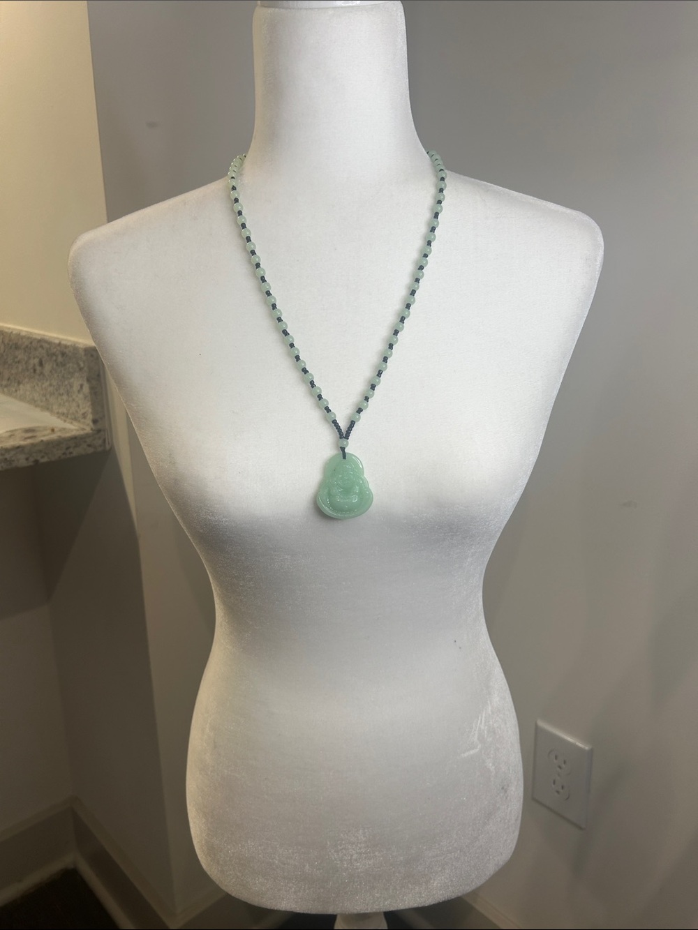 1.5” Green Onyx Buddha on a Green/Black Beaded Onyx 23” Dia Cord New